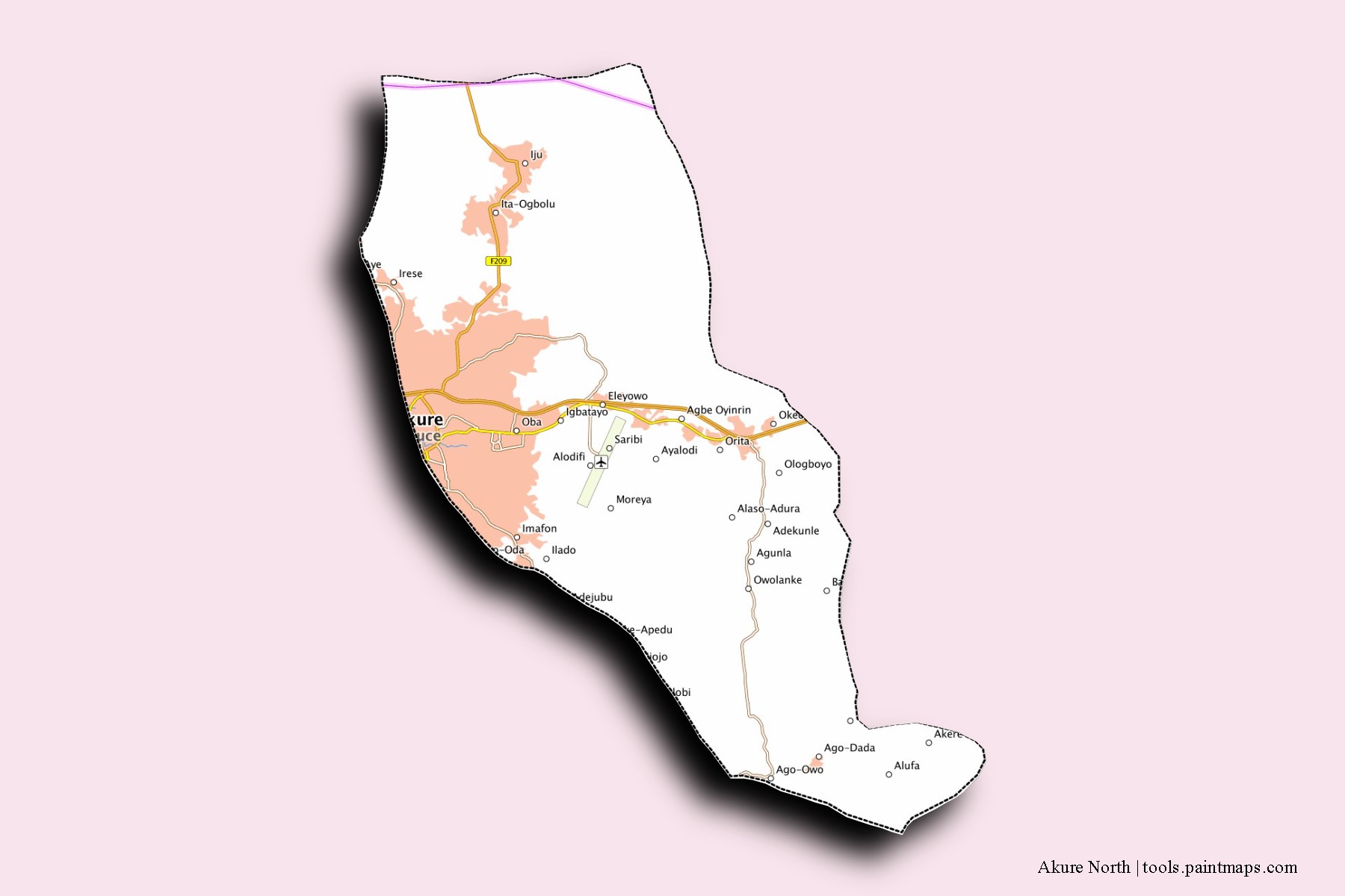 Mapa de barrios y pueblos de Akure North con efecto de sombra 3D