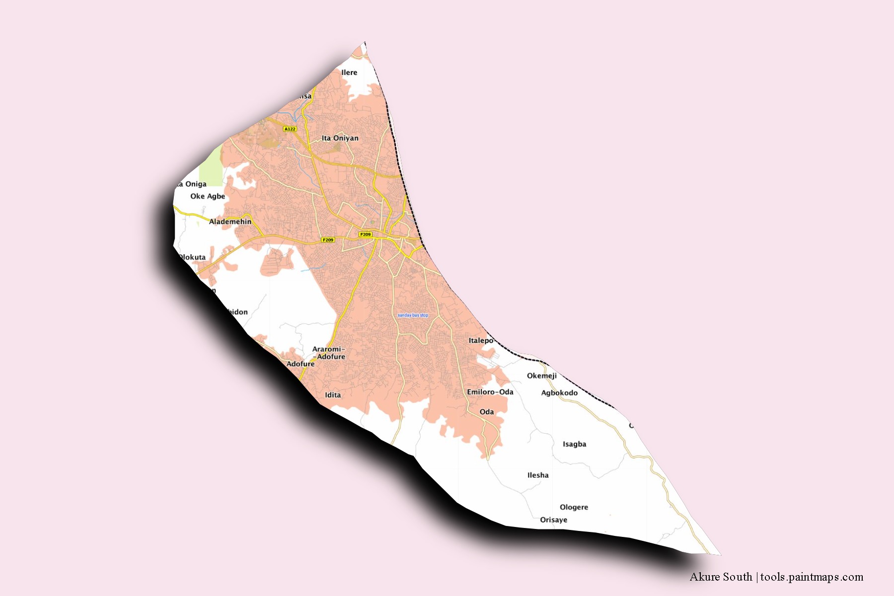 Mapa de barrios y pueblos de Akure South con efecto de sombra 3D