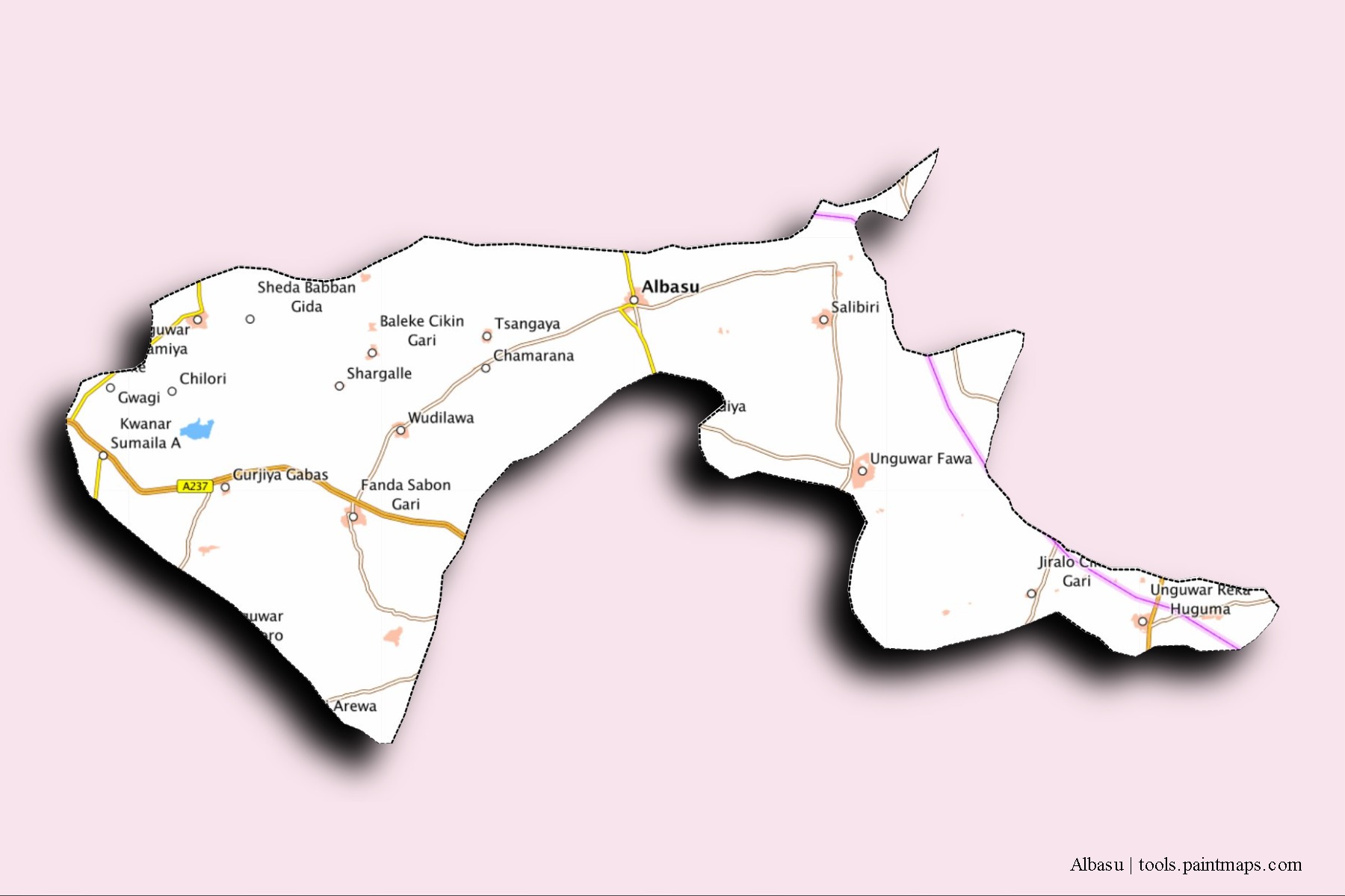 Mapa de barrios y pueblos de Albasu con efecto de sombra 3D