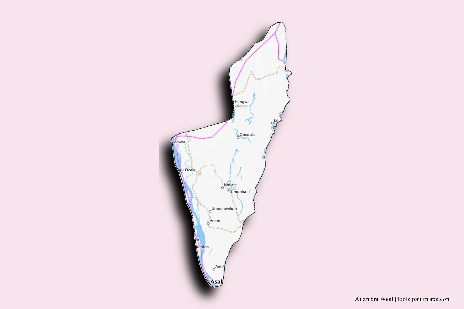 3D gölge efektli Anambra West mahalleleri ve köyleri haritası