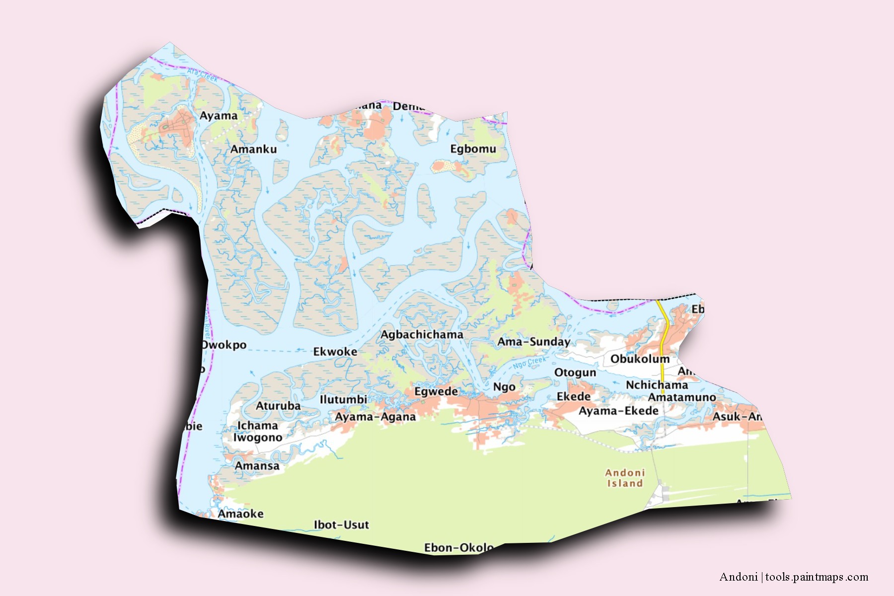 Andoni neighborhoods and villages map with 3D shadow effect