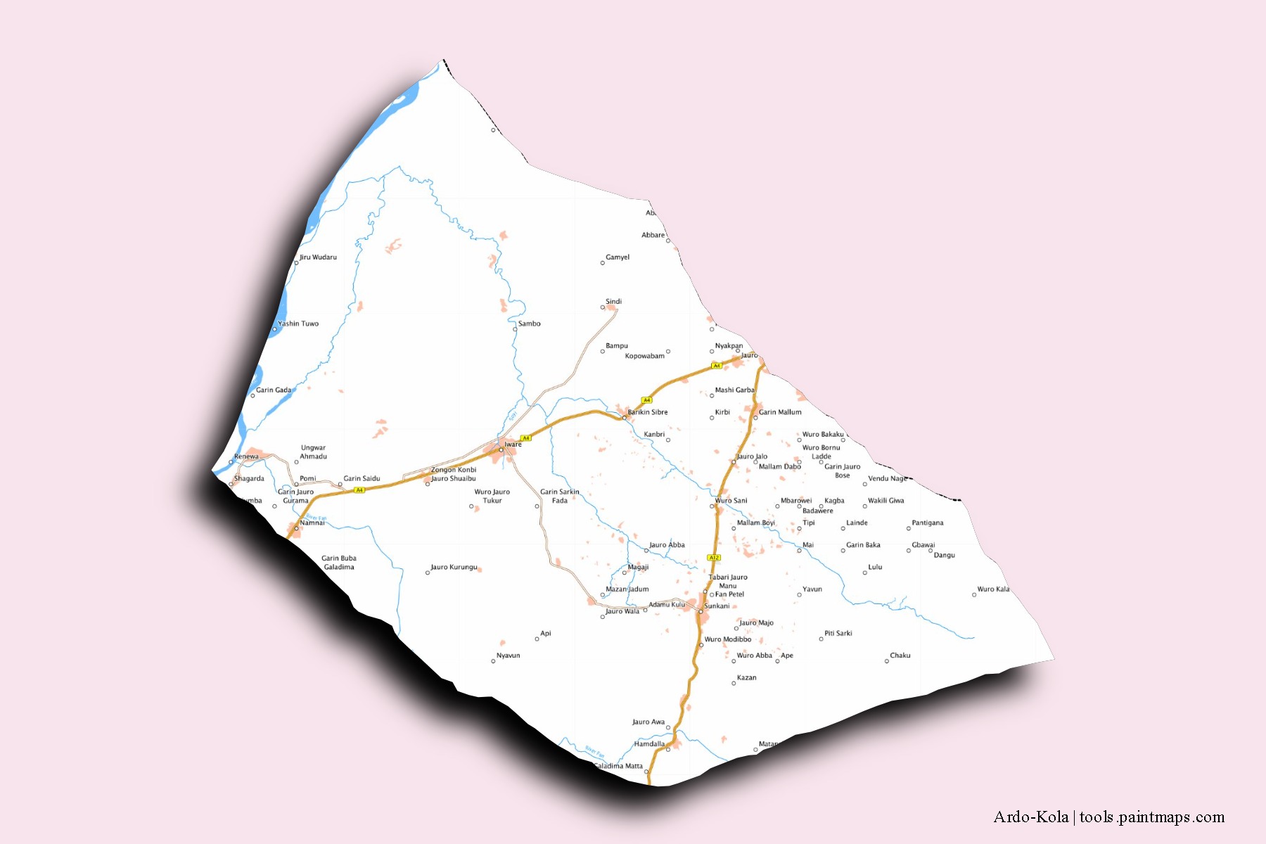 Ardo-Kola neighborhoods and villages map with 3D shadow effect