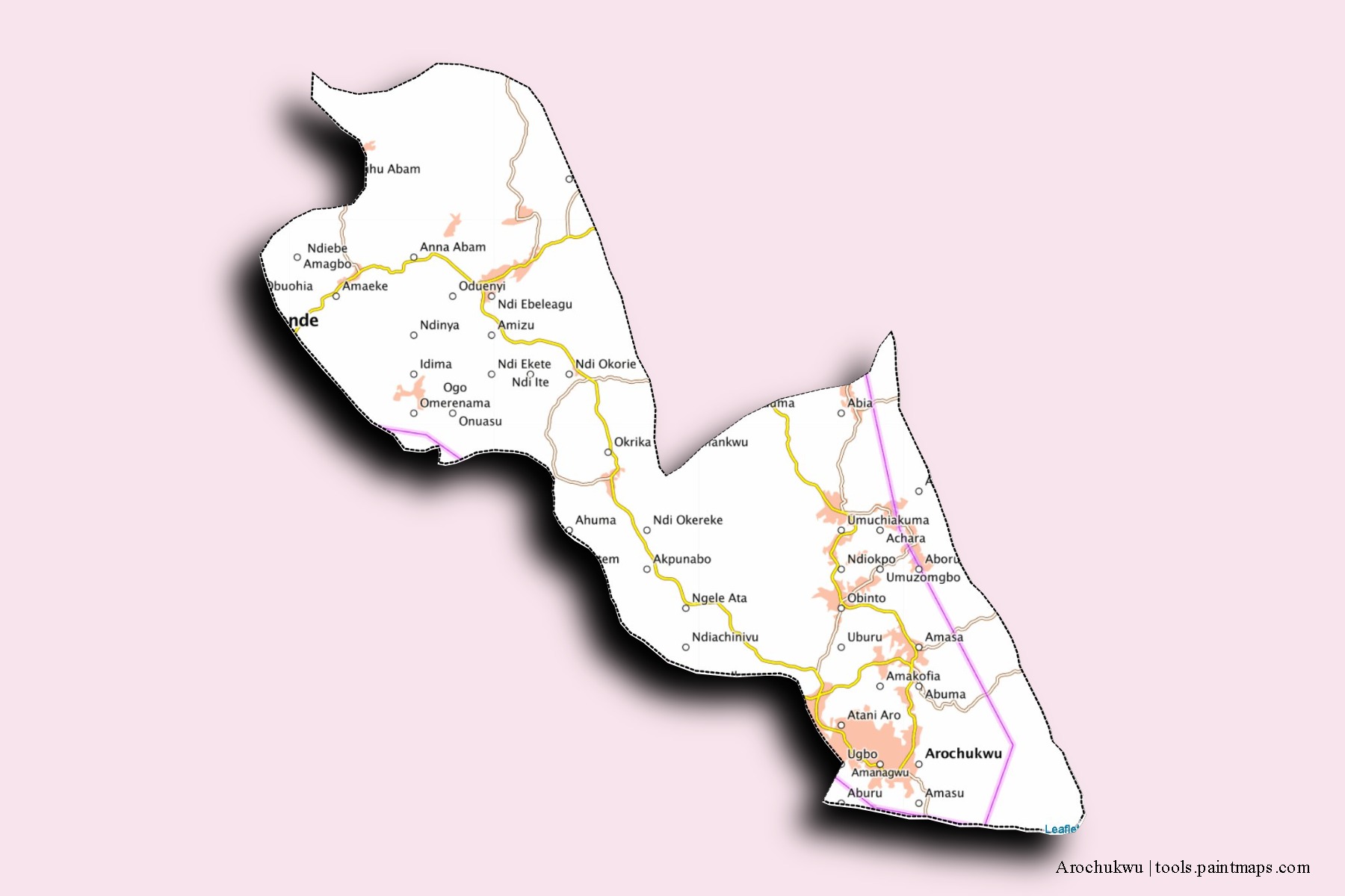 Mapa de barrios y pueblos de Arochukwu con efecto de sombra 3D