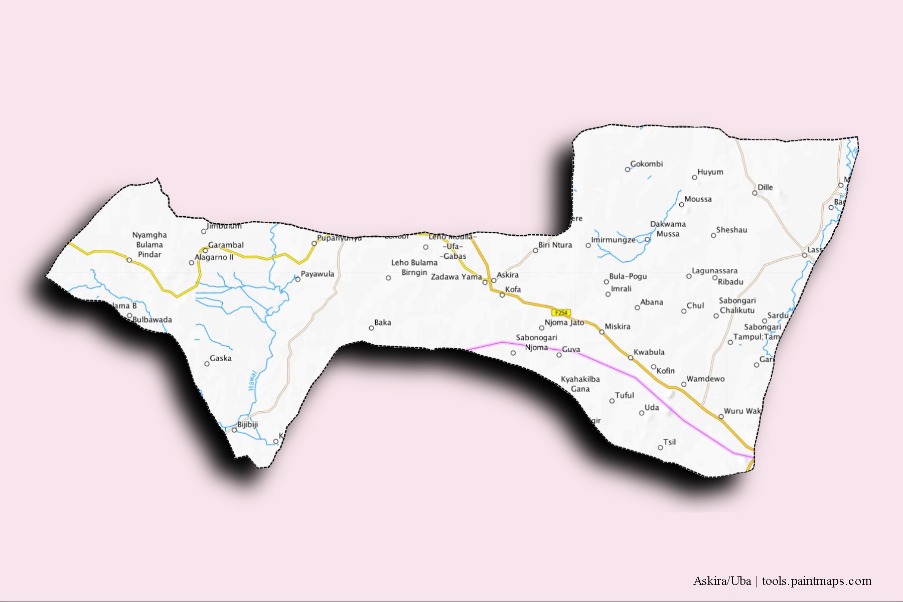 Askira/Uba neighborhoods and villages map with 3D shadow effect