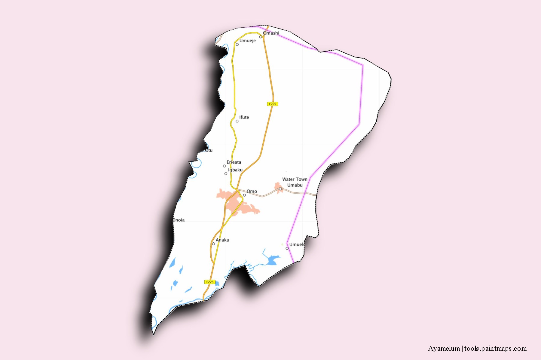 Ayamelum neighborhoods and villages map with 3D shadow effect