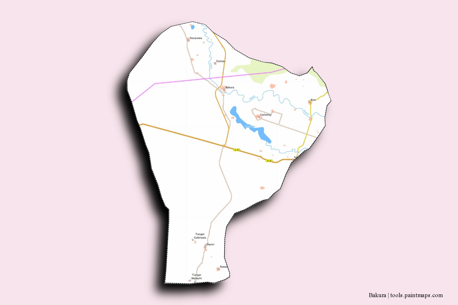 Mapa de barrios y pueblos de Bakura con efecto de sombra 3D