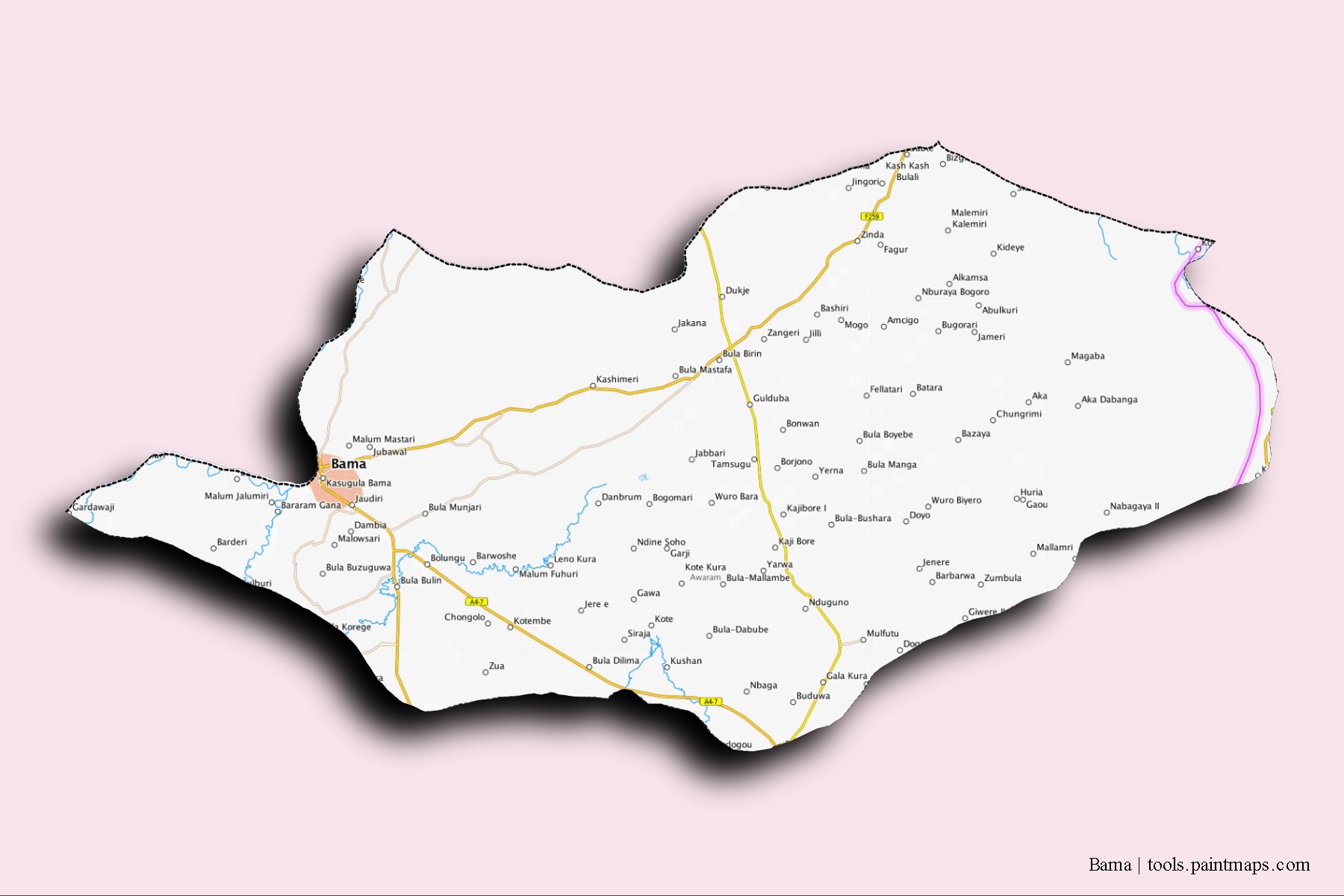 Mapa de barrios y pueblos de Bama con efecto de sombra 3D