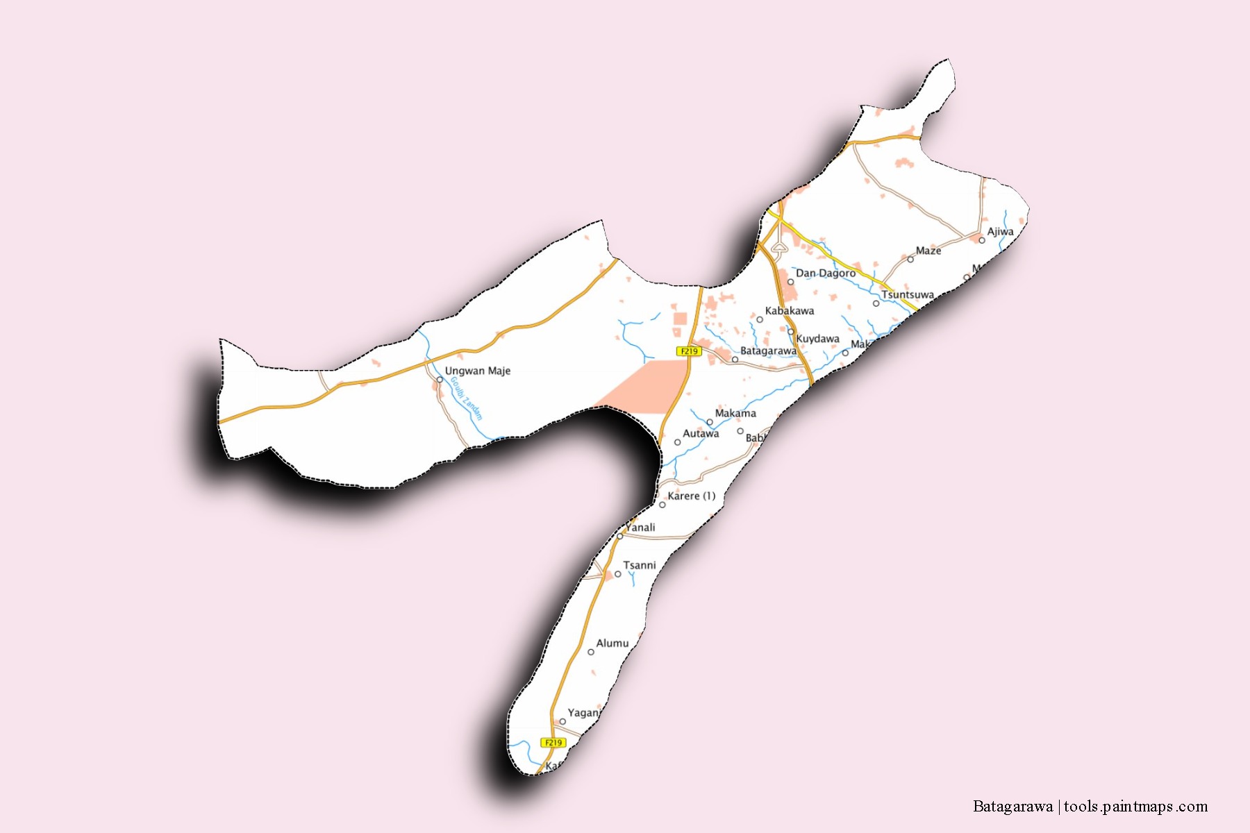 Batagarawa neighborhoods and villages map with 3D shadow effect