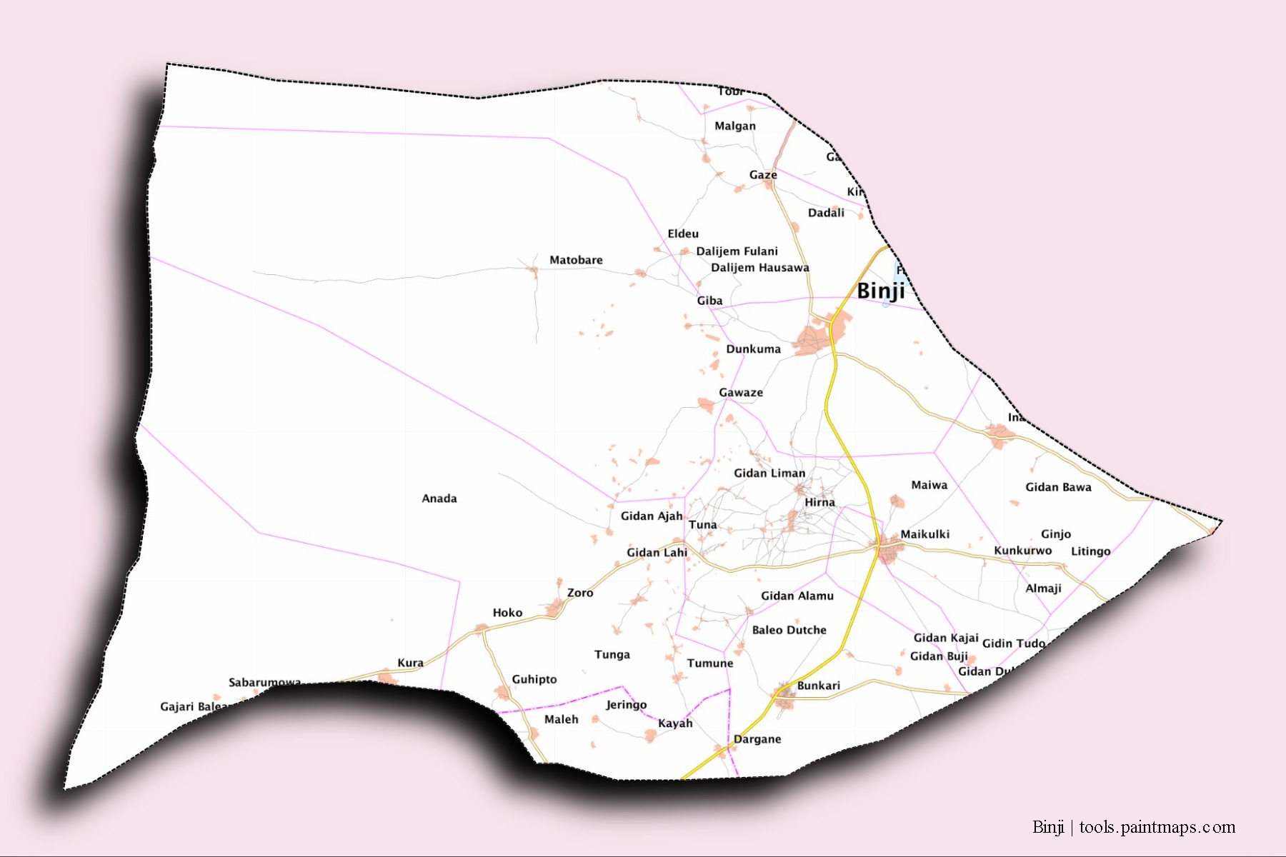 Mapa de barrios y pueblos de Binji con efecto de sombra 3D