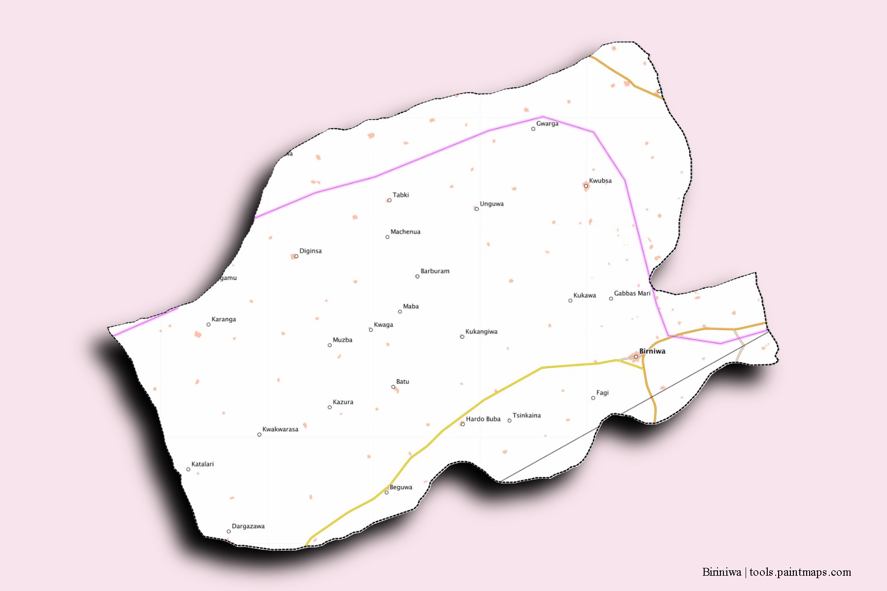 Biriniwa neighborhoods and villages map with 3D shadow effect