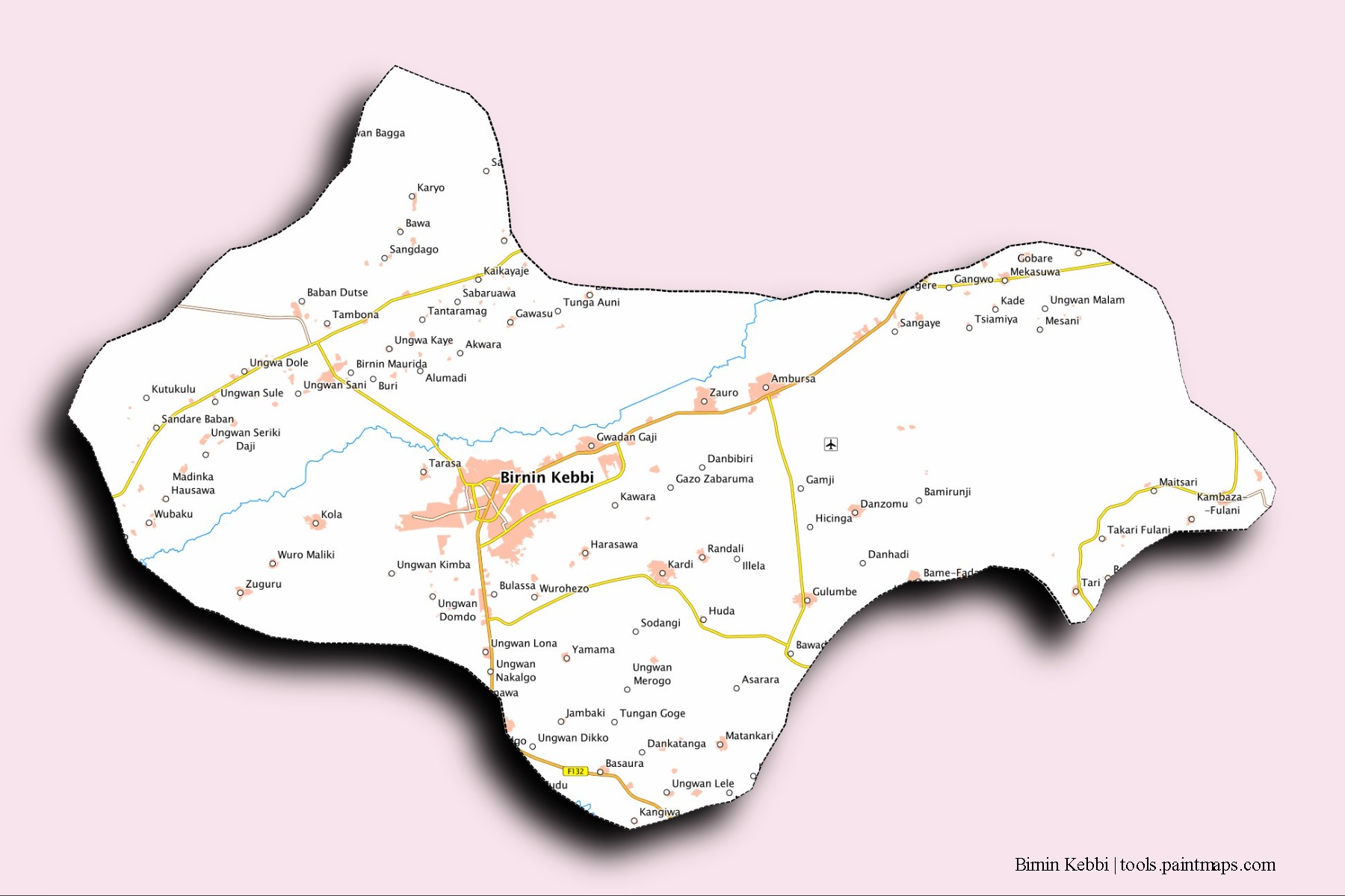 Birnin Kebbi neighborhoods and villages map with 3D shadow effect