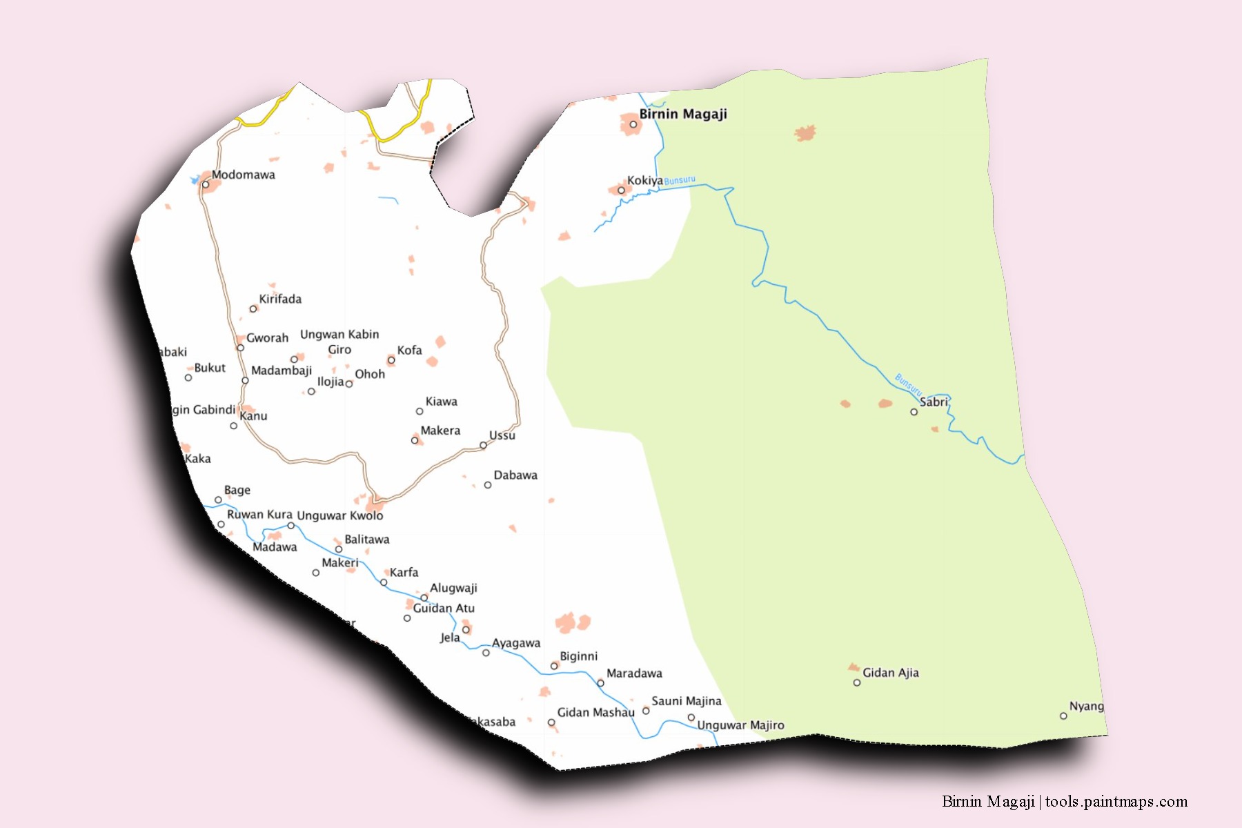 Mapa de barrios y pueblos de Birnin Magaji con efecto de sombra 3D