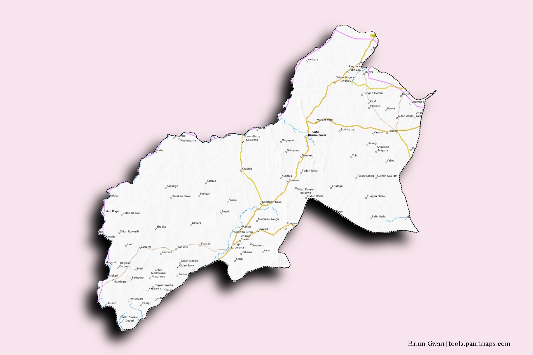 Mapa de barrios y pueblos de Birnin-Gwari con efecto de sombra 3D