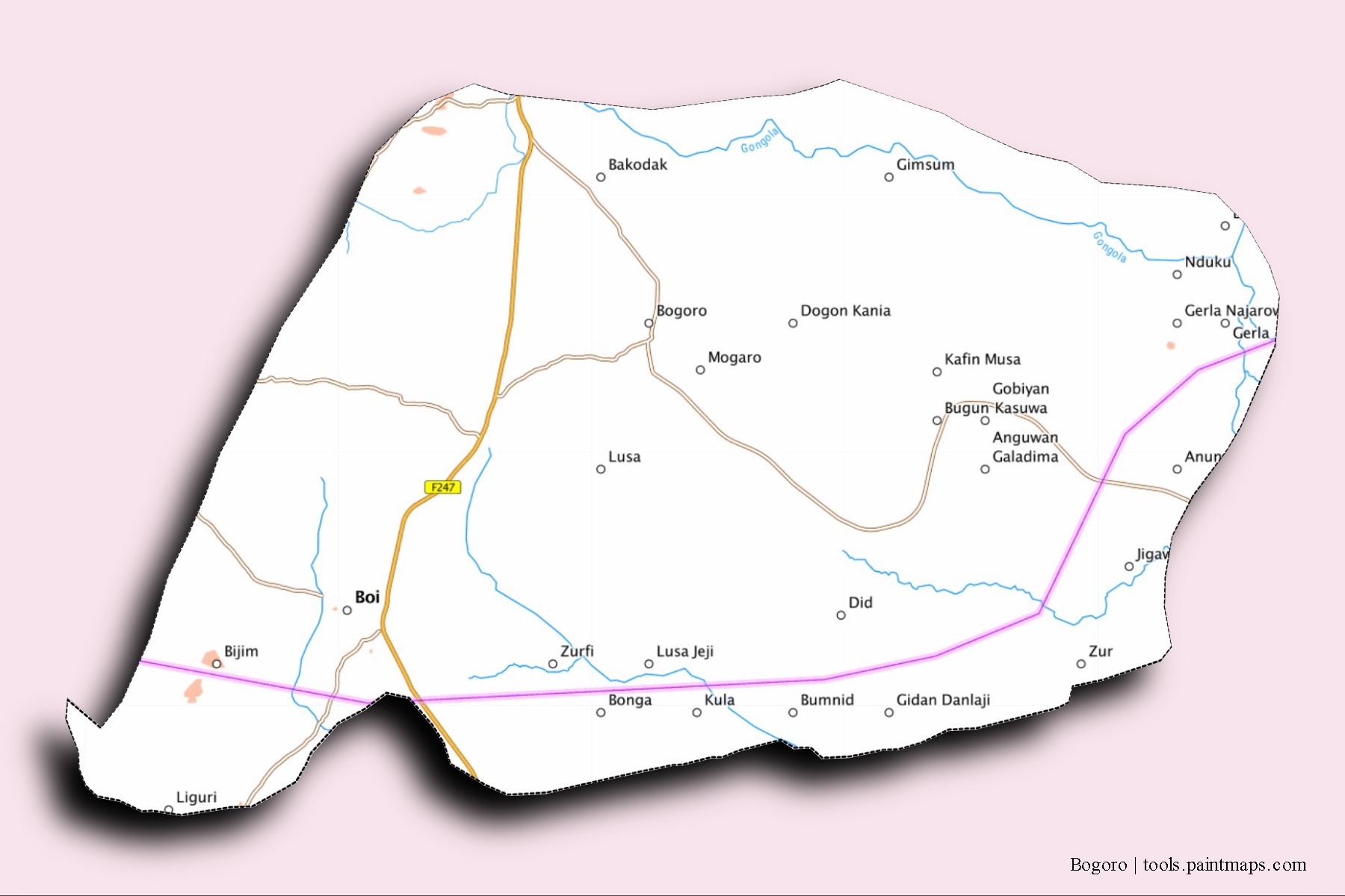 Bogoro neighborhoods and villages map with 3D shadow effect