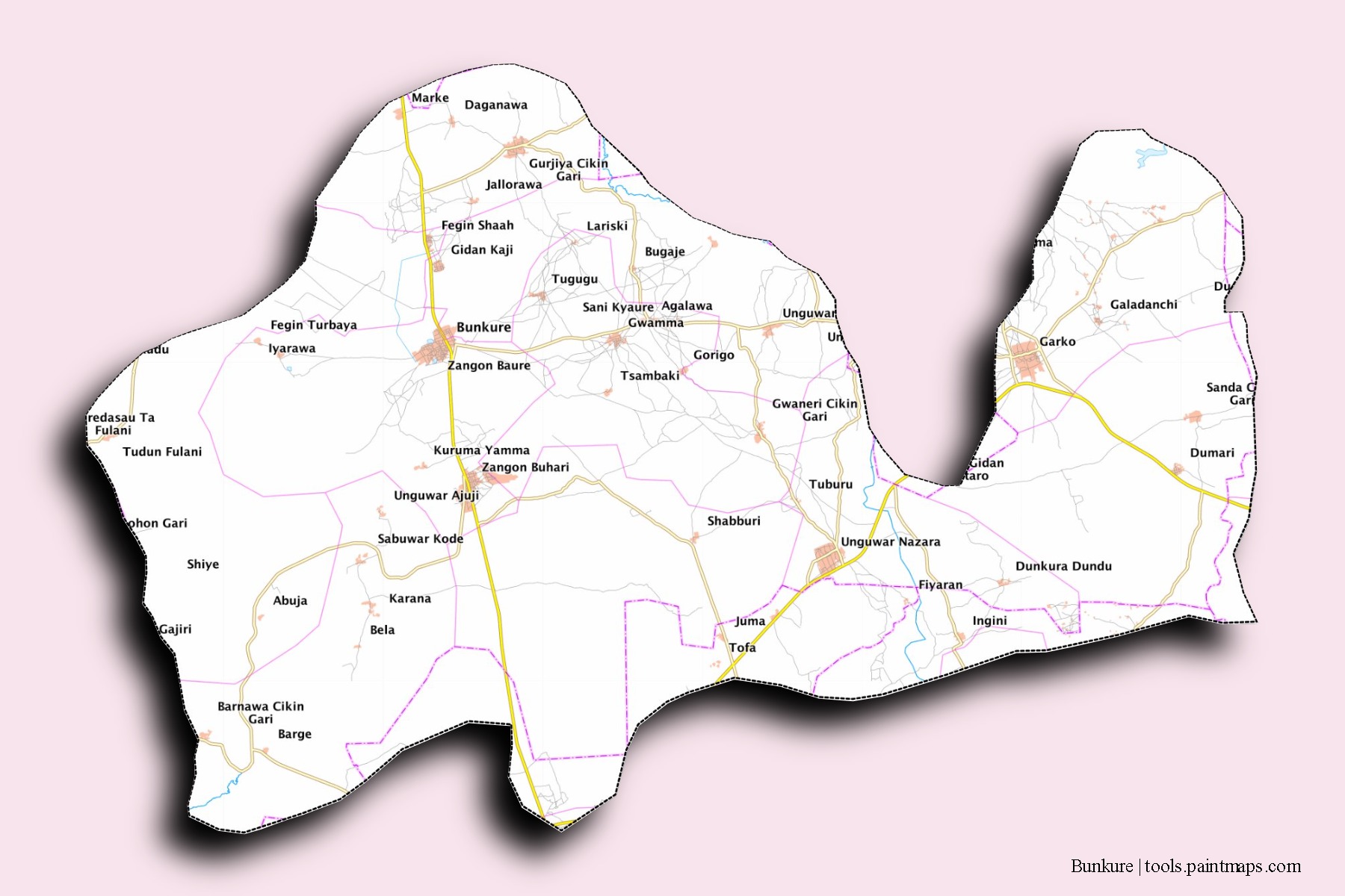 Mapa de barrios y pueblos de Bunkure con efecto de sombra 3D