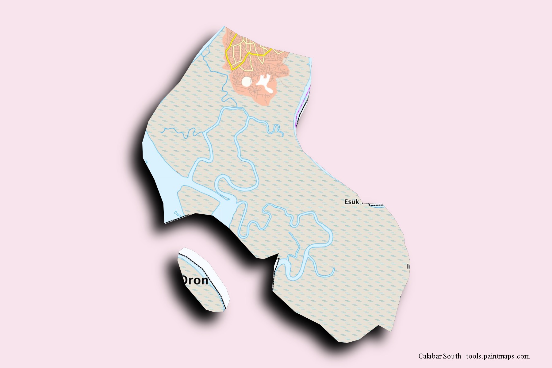 Mapa de barrios y pueblos de Calabar South con efecto de sombra 3D