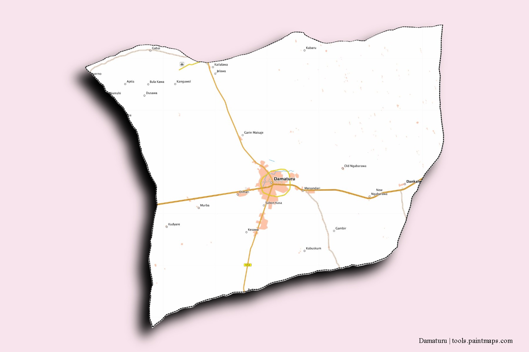 Mapa de barrios y pueblos de Damaturu con efecto de sombra 3D