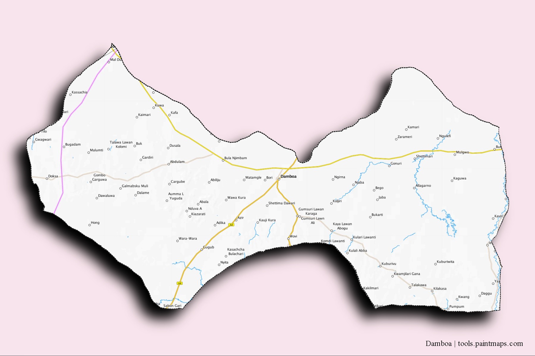 Damboa neighborhoods and villages map with 3D shadow effect