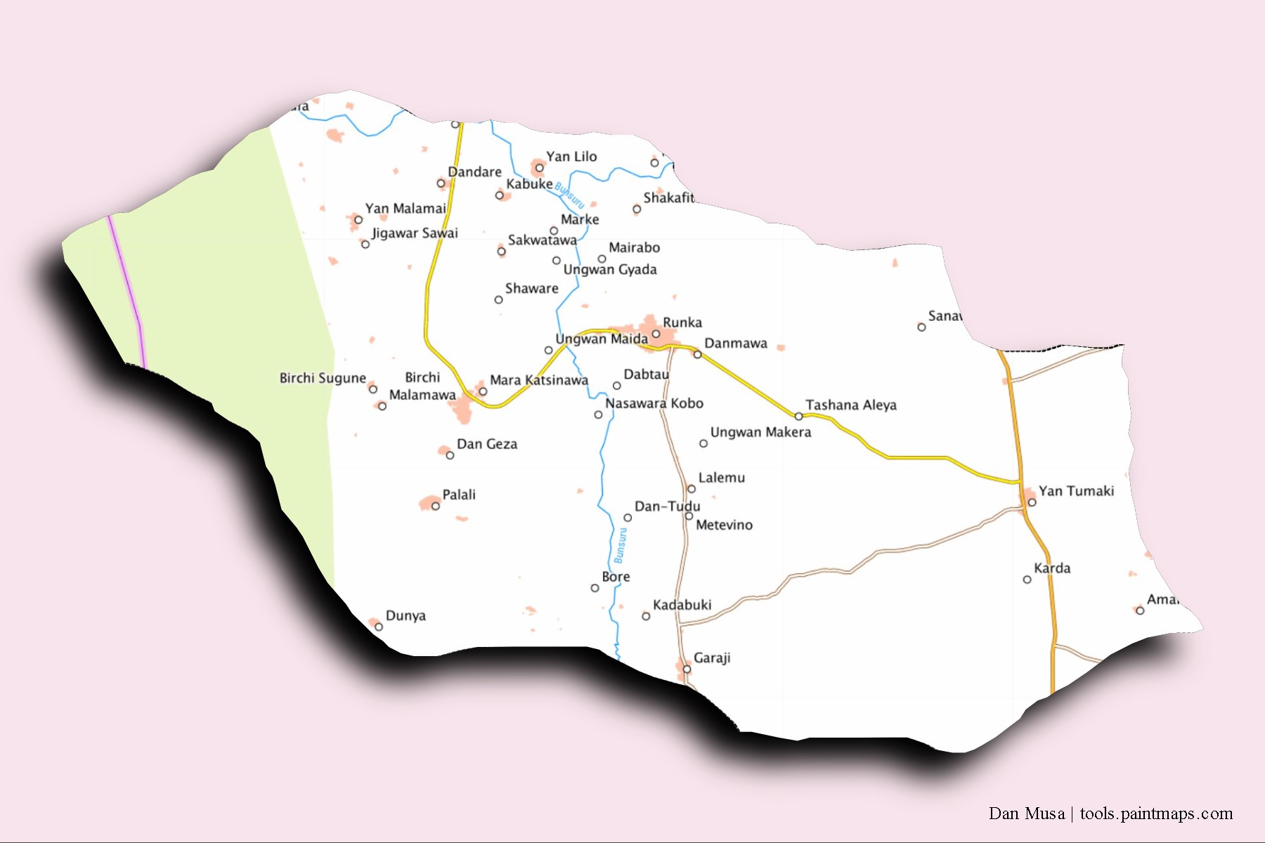 Dan Musa neighborhoods and villages map with 3D shadow effect