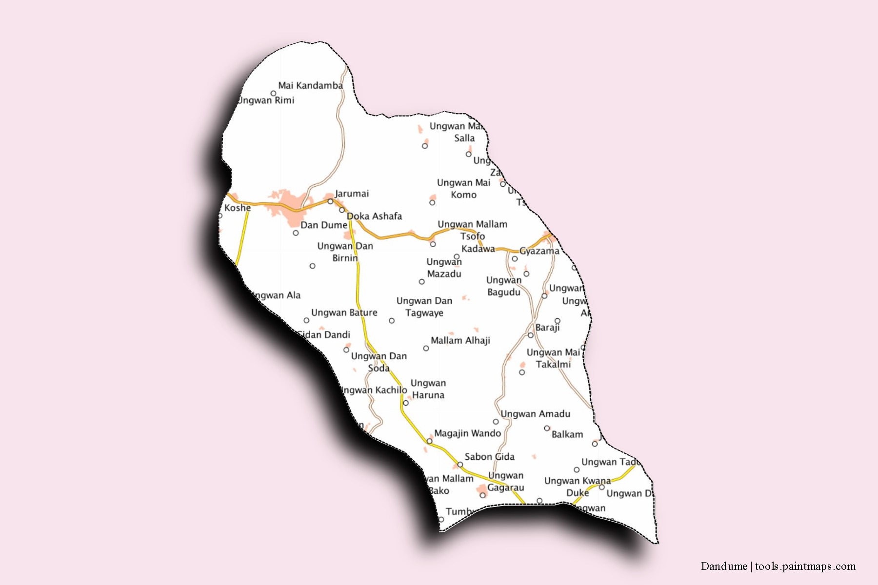 Mapa de barrios y pueblos de Dandume con efecto de sombra 3D