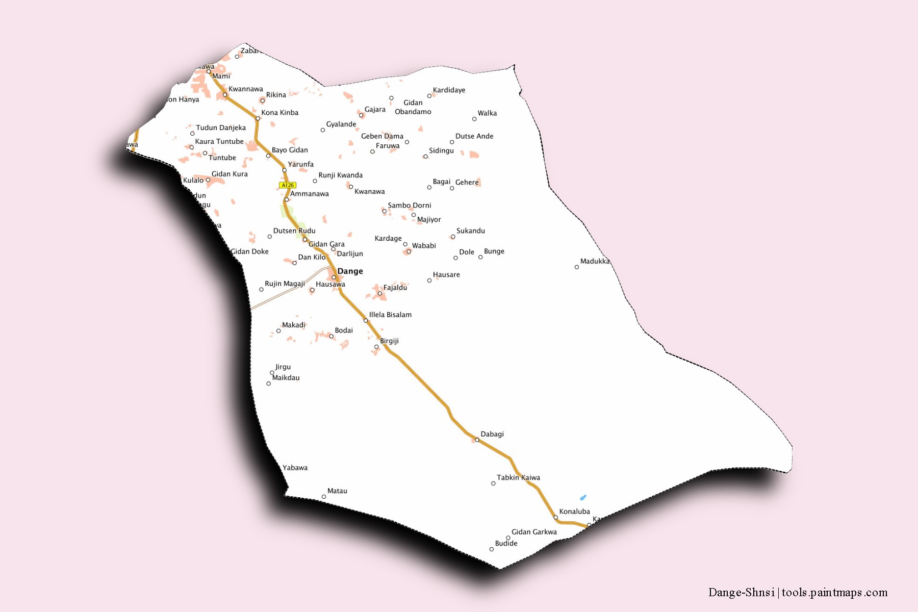 Dange-Shuni neighborhoods and villages map with 3D shadow effect