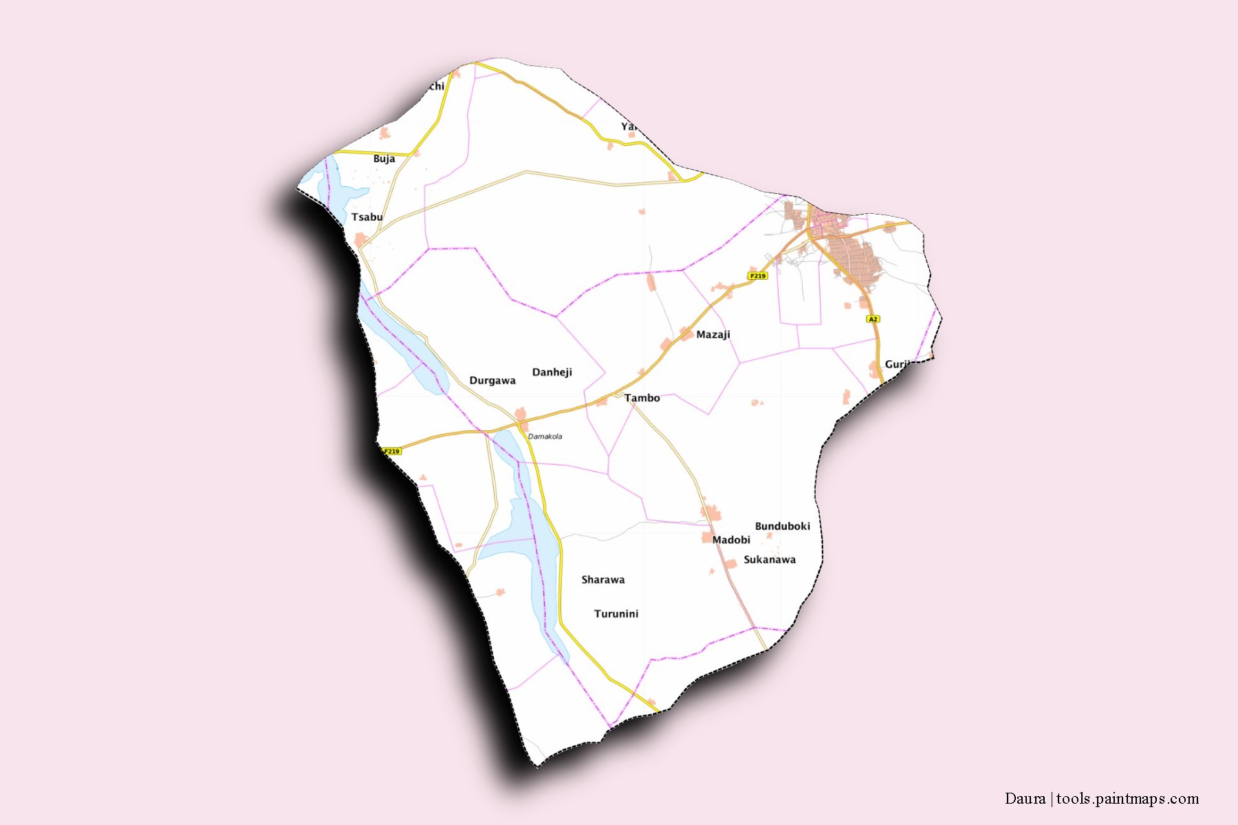 Mapa de barrios y pueblos de Daura con efecto de sombra 3D