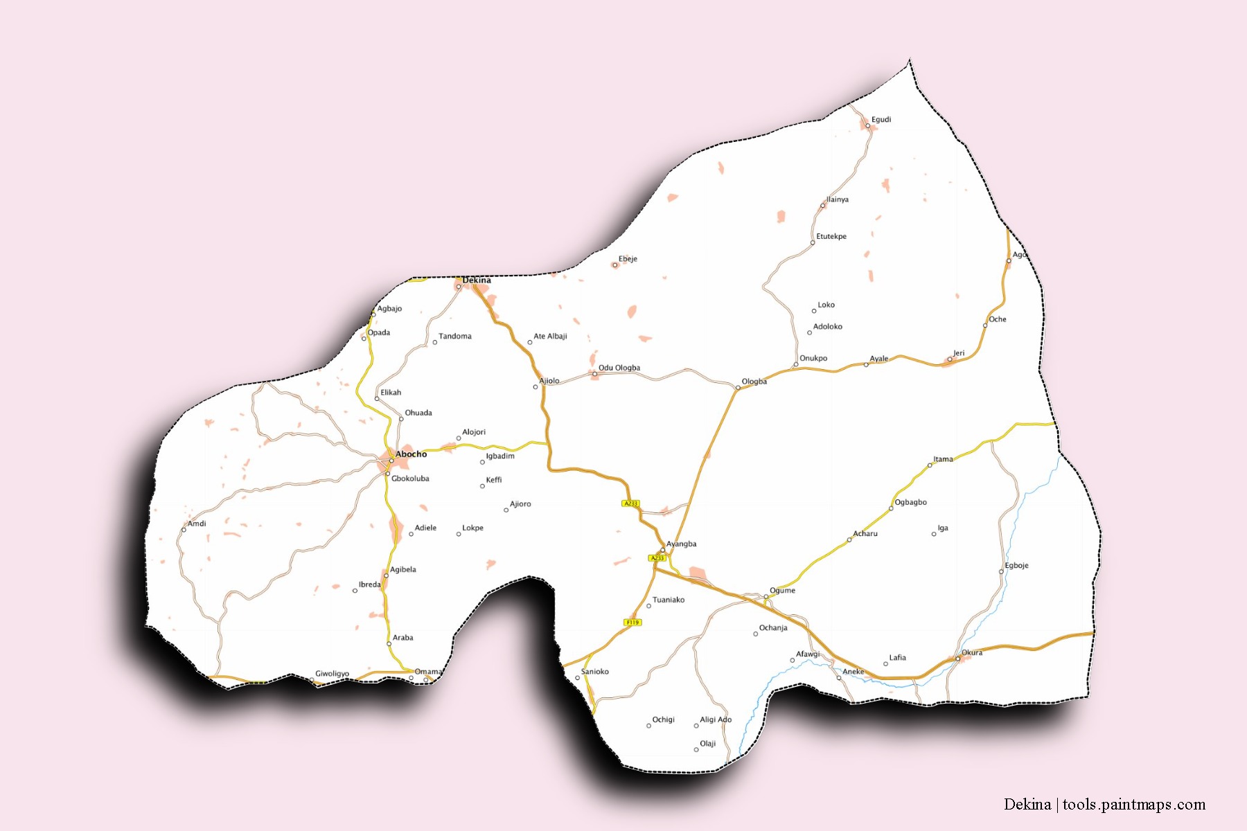 Mapa de barrios y pueblos de Dekina con efecto de sombra 3D