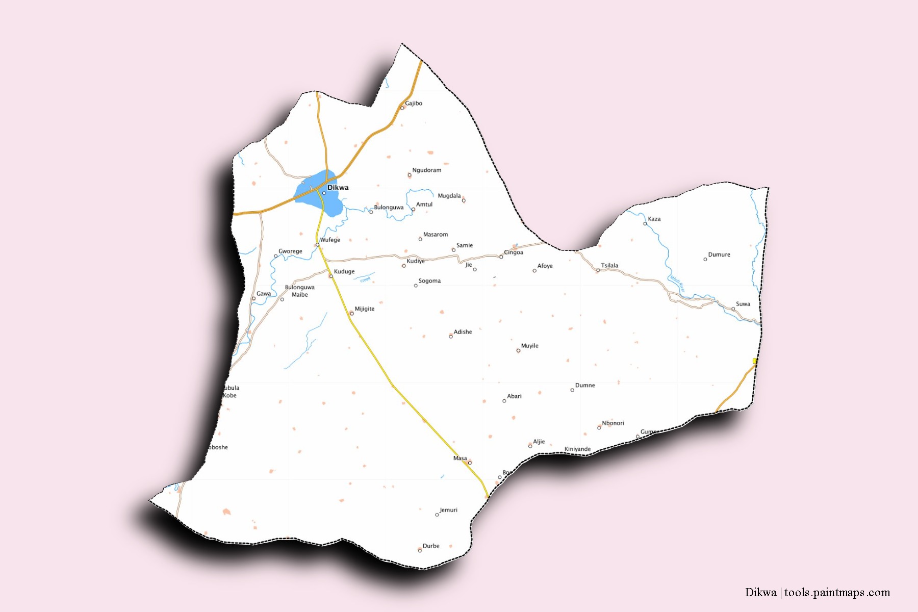 Mapa de barrios y pueblos de Dikwa con efecto de sombra 3D