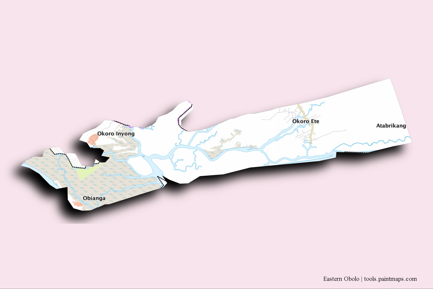 Mapa de barrios y pueblos de Eastern Obolo con efecto de sombra 3D