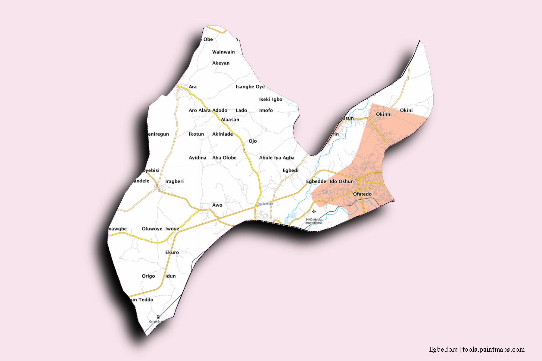 Mapa de barrios y pueblos de Egbedore con efecto de sombra 3D