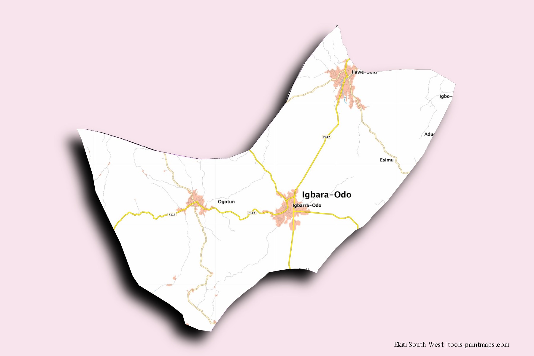 Mapa de barrios y pueblos de Ekiti South West con efecto de sombra 3D