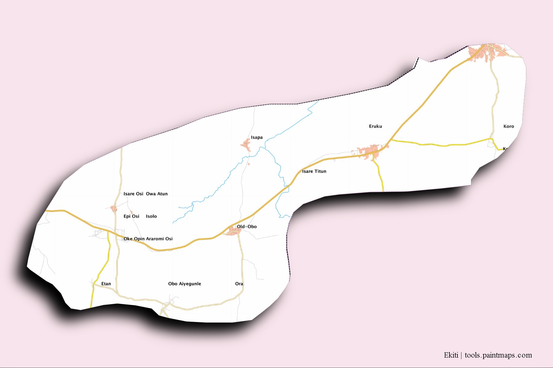 Ekiti neighborhoods and villages map with 3D shadow effect