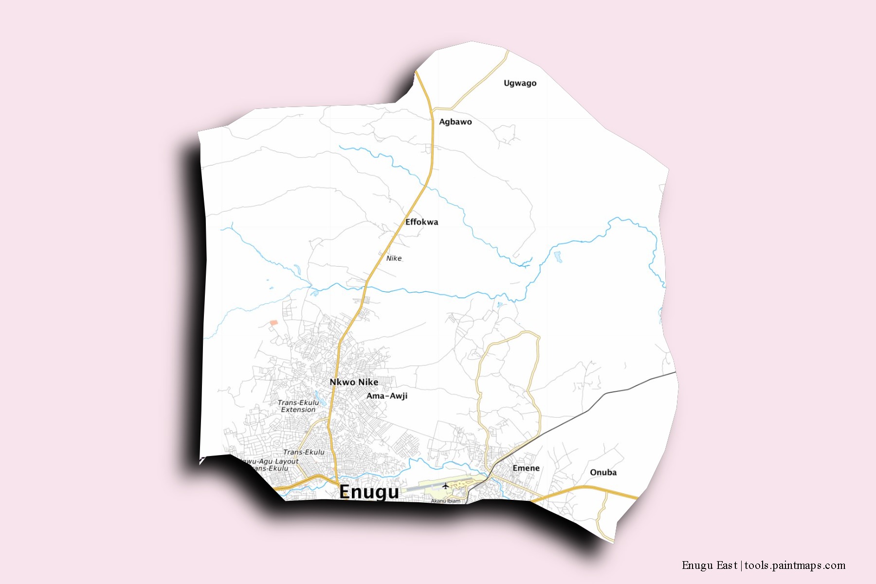 Enugu East neighborhoods and villages map with 3D shadow effect