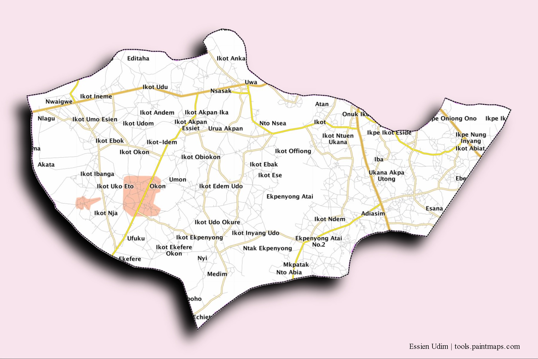 Mapa de barrios y pueblos de Essien Udim con efecto de sombra 3D