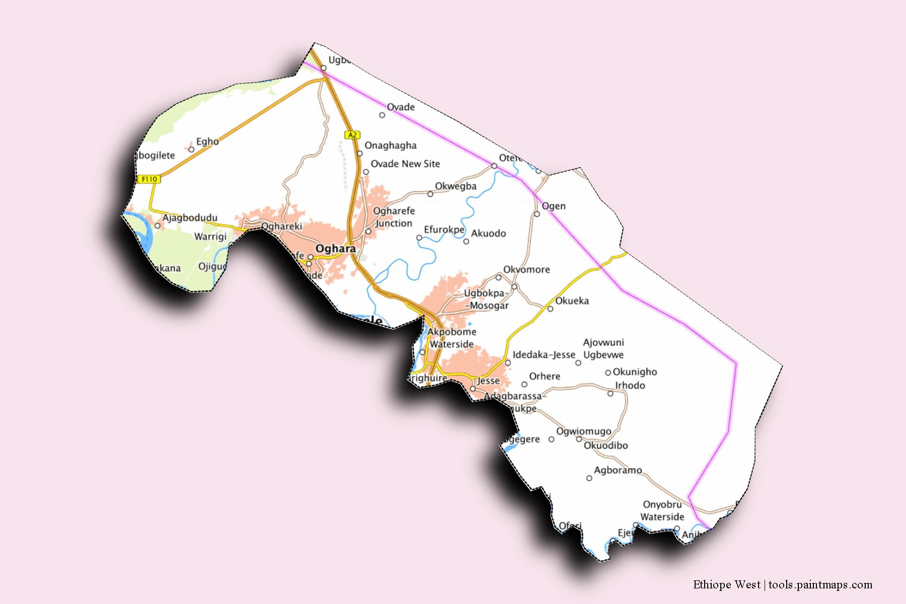 Mapa de barrios y pueblos de Ethiope West con efecto de sombra 3D