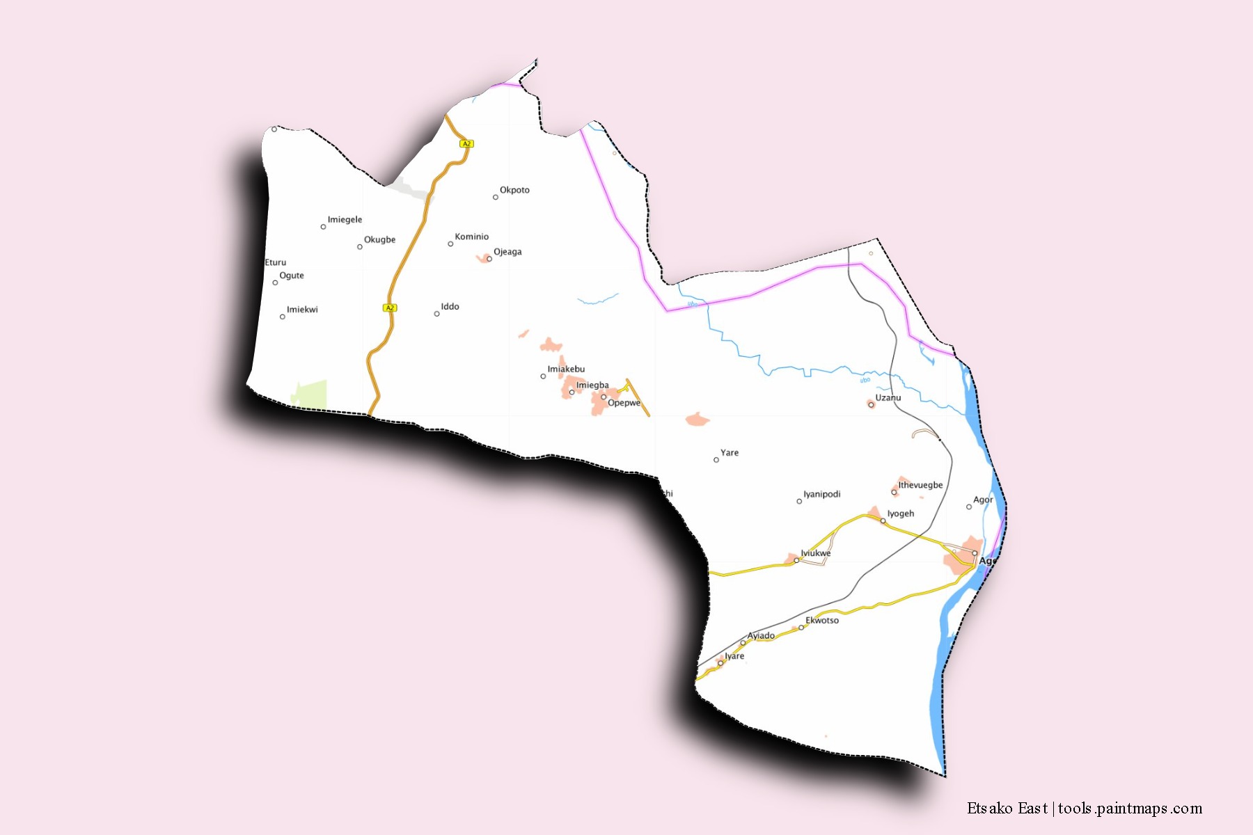 Mapa de barrios y pueblos de Etsako East con efecto de sombra 3D