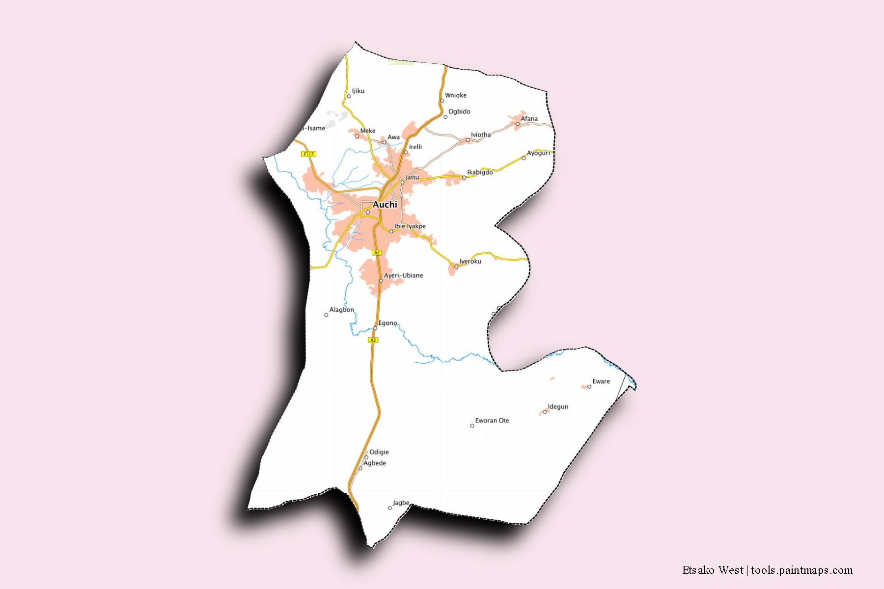 Etsako West neighborhoods and villages map with 3D shadow effect