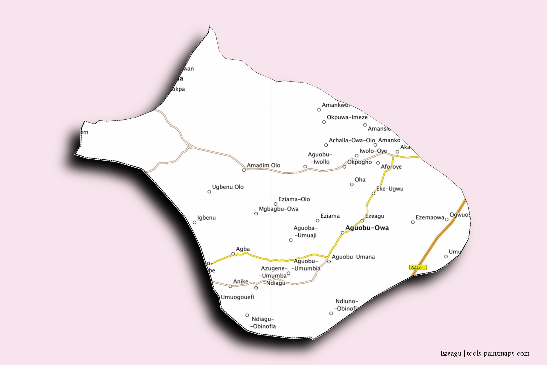 Mapa de barrios y pueblos de Ezeagu con efecto de sombra 3D