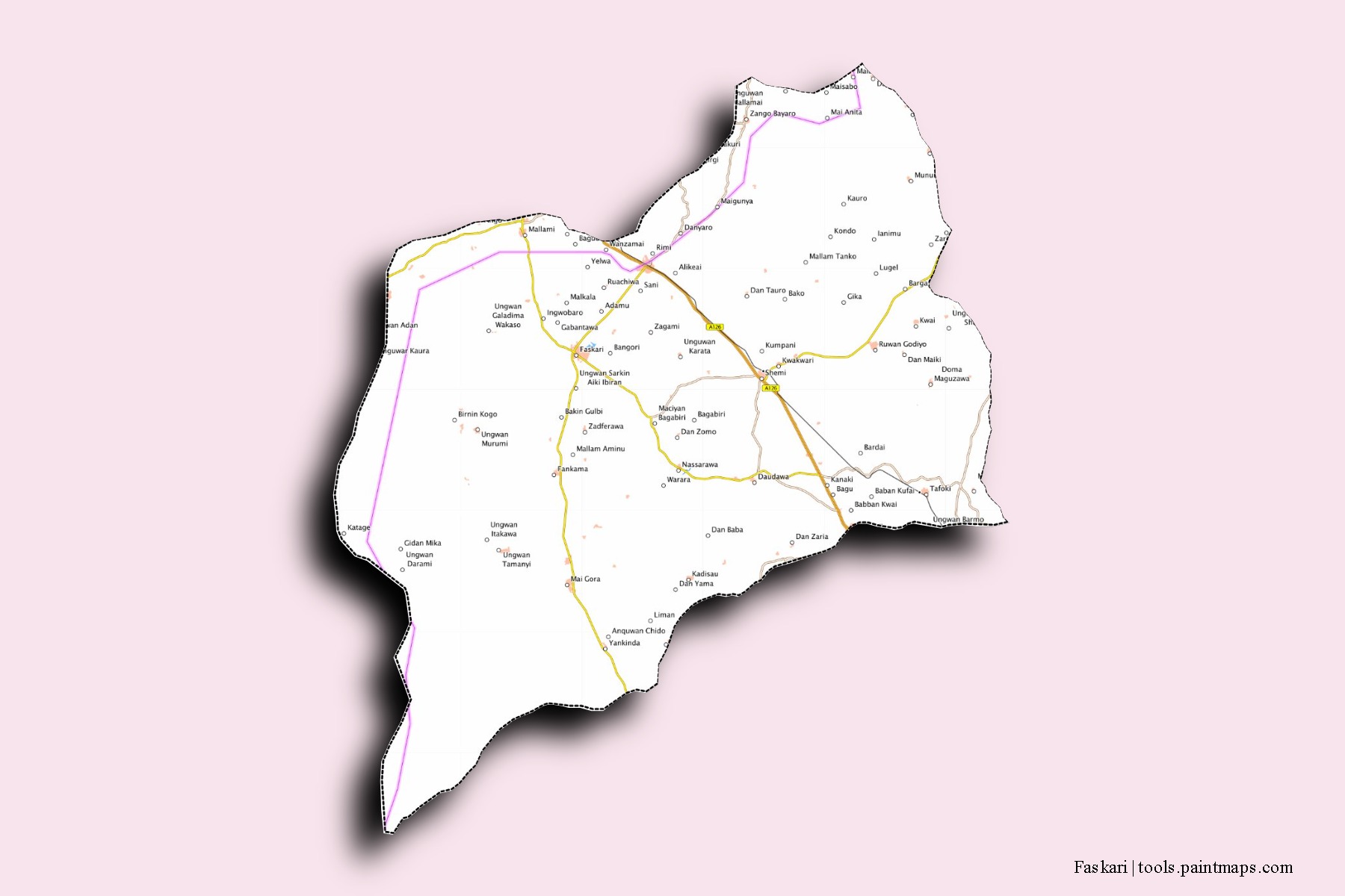 Mapa de barrios y pueblos de Faskari con efecto de sombra 3D