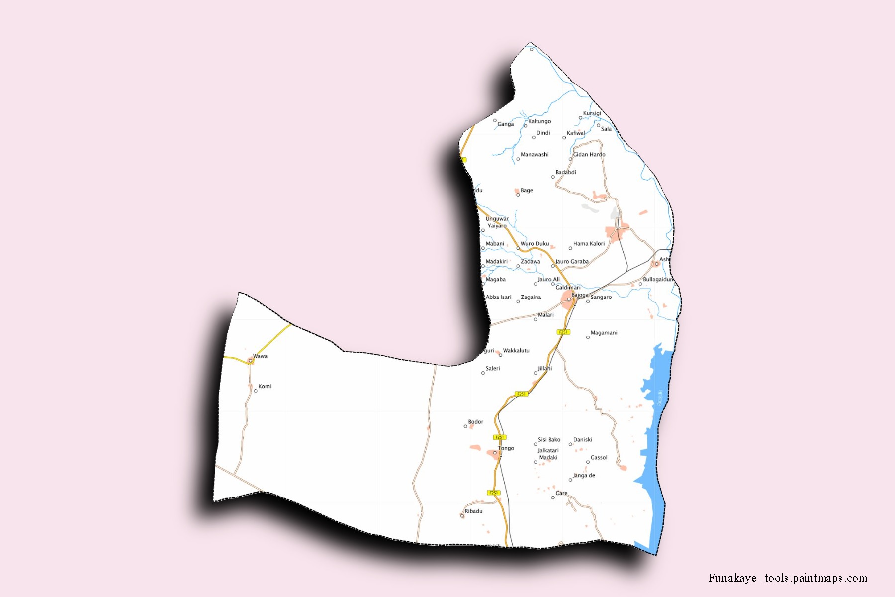 Mapa de barrios y pueblos de Funakaye con efecto de sombra 3D