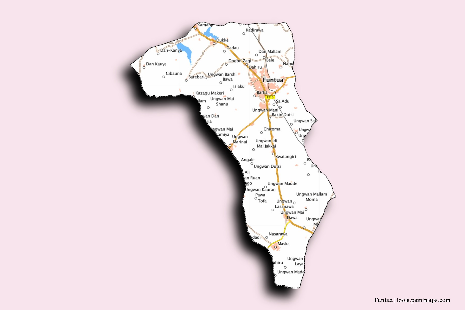 Mapa de barrios y pueblos de Funtua con efecto de sombra 3D