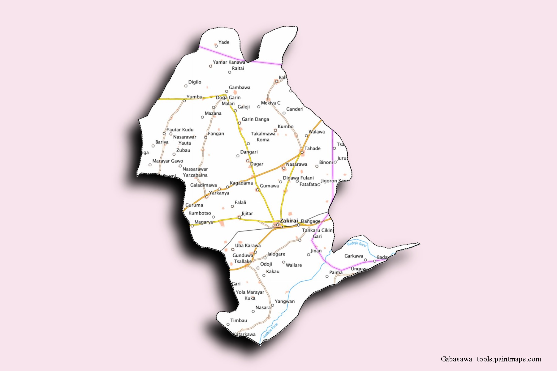 Mapa de barrios y pueblos de Gabasawa con efecto de sombra 3D