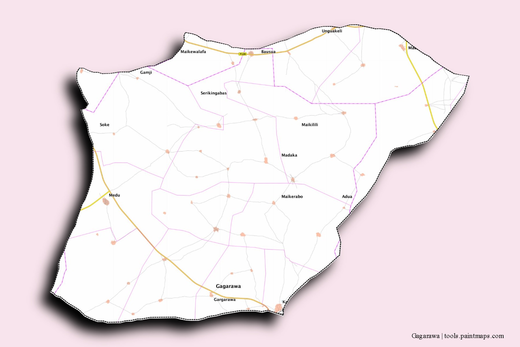 Gagarawa neighborhoods and villages map with 3D shadow effect