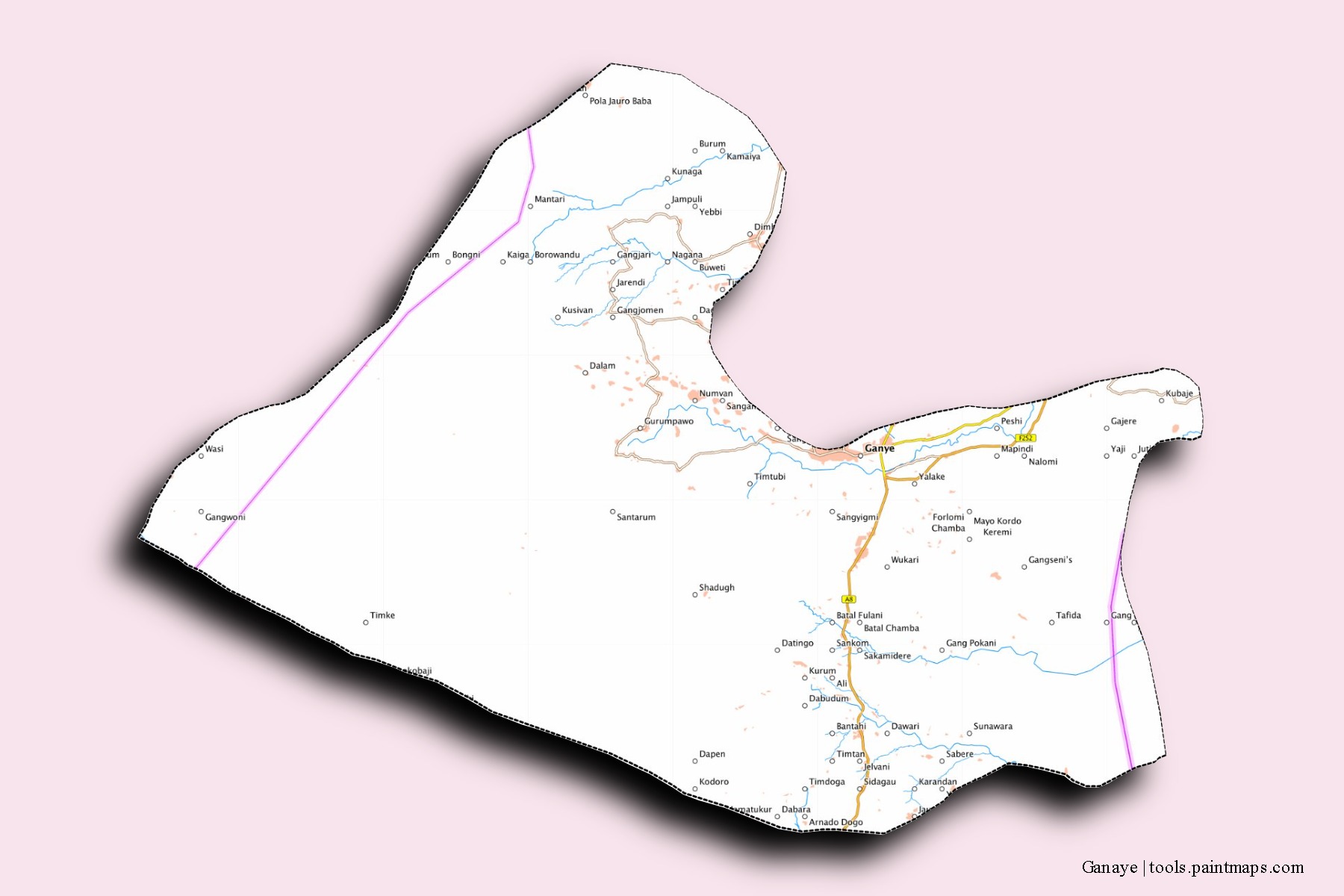 Ganye neighborhoods and villages map with 3D shadow effect