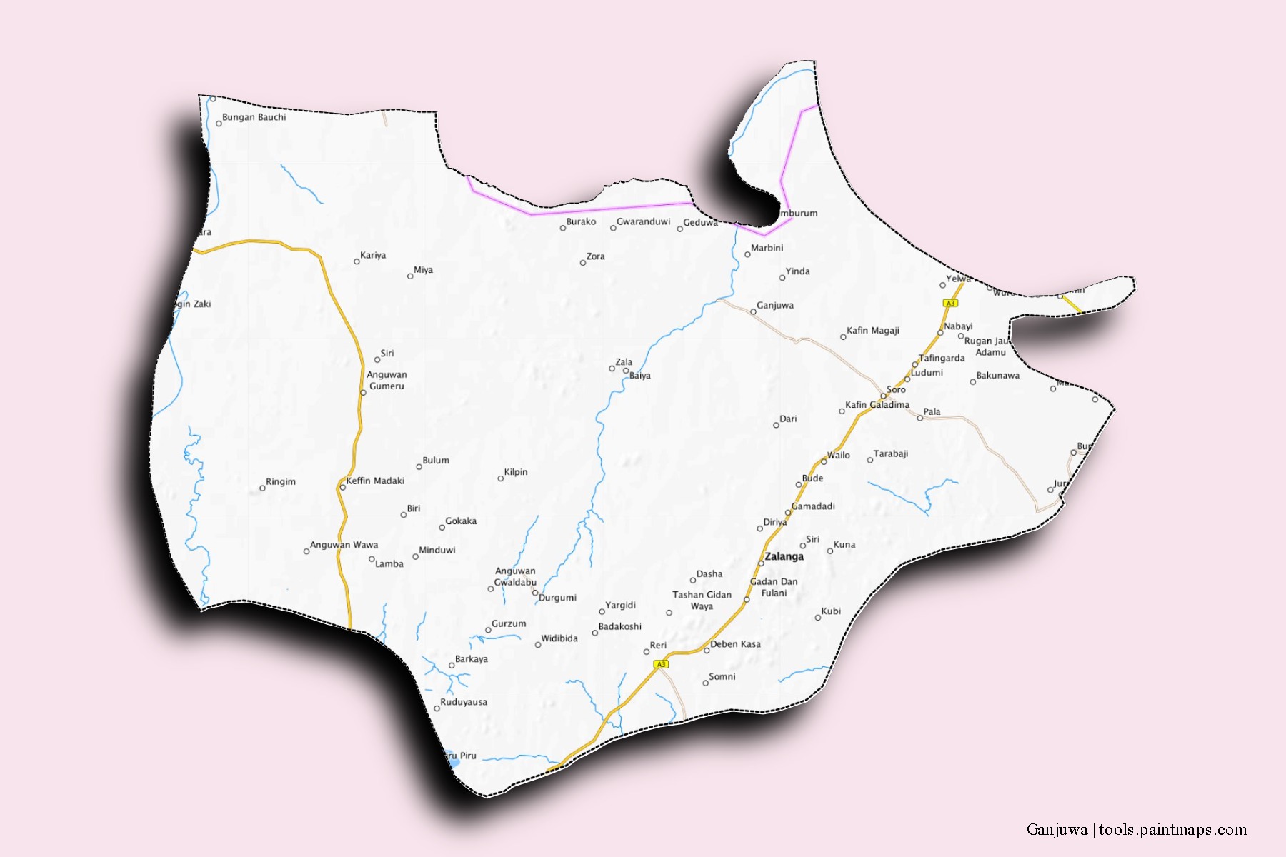 Mapa de barrios y pueblos de Ganjuwa con efecto de sombra 3D