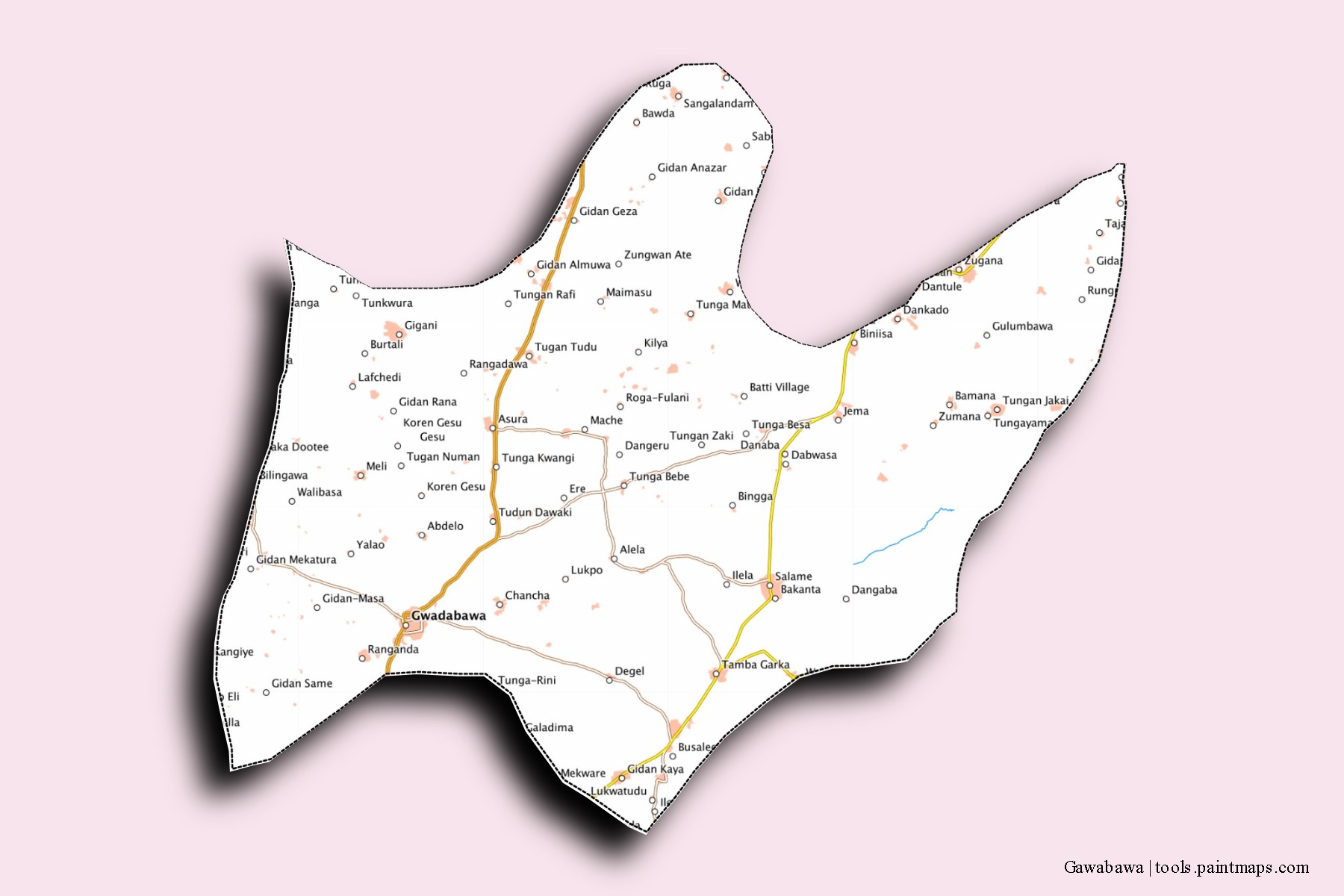 Mapa de barrios y pueblos de Gawabawa con efecto de sombra 3D