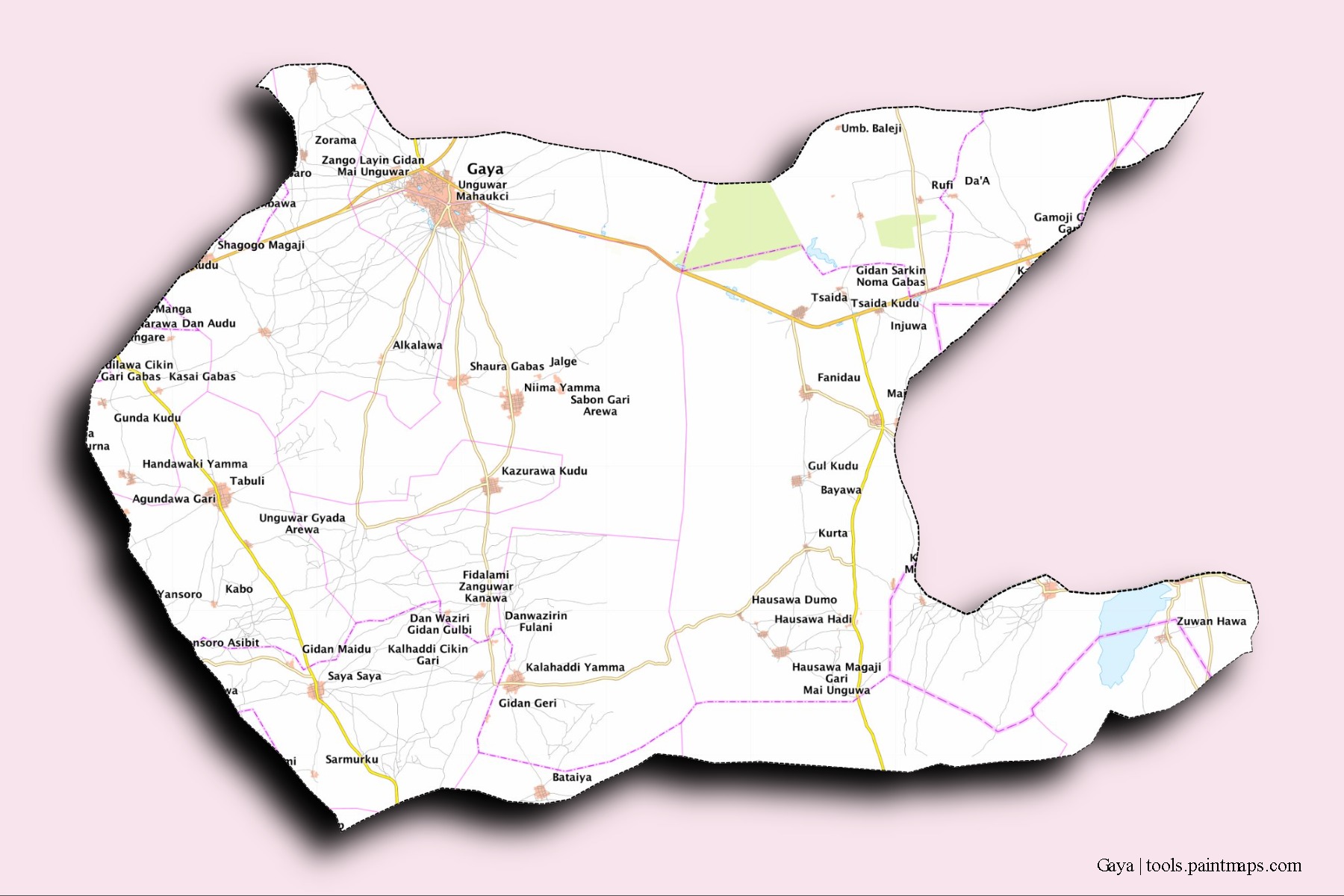 Mapa de barrios y pueblos de Gaya con efecto de sombra 3D