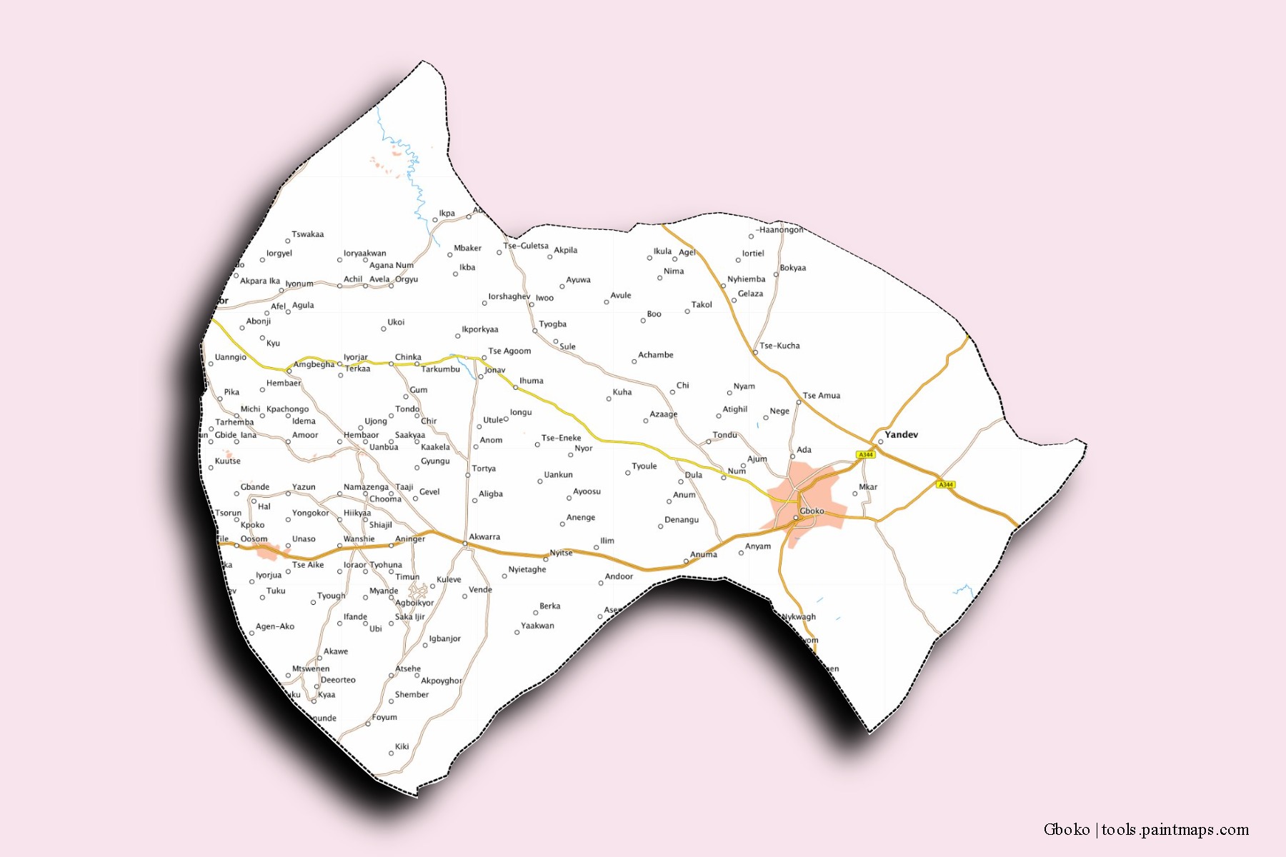 Gboko neighborhoods and villages map with 3D shadow effect