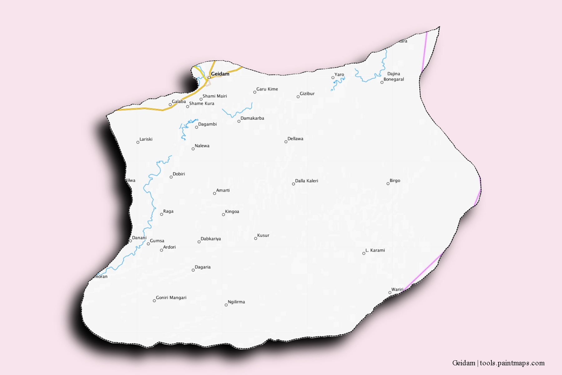 Mapa de barrios y pueblos de Geidam con efecto de sombra 3D