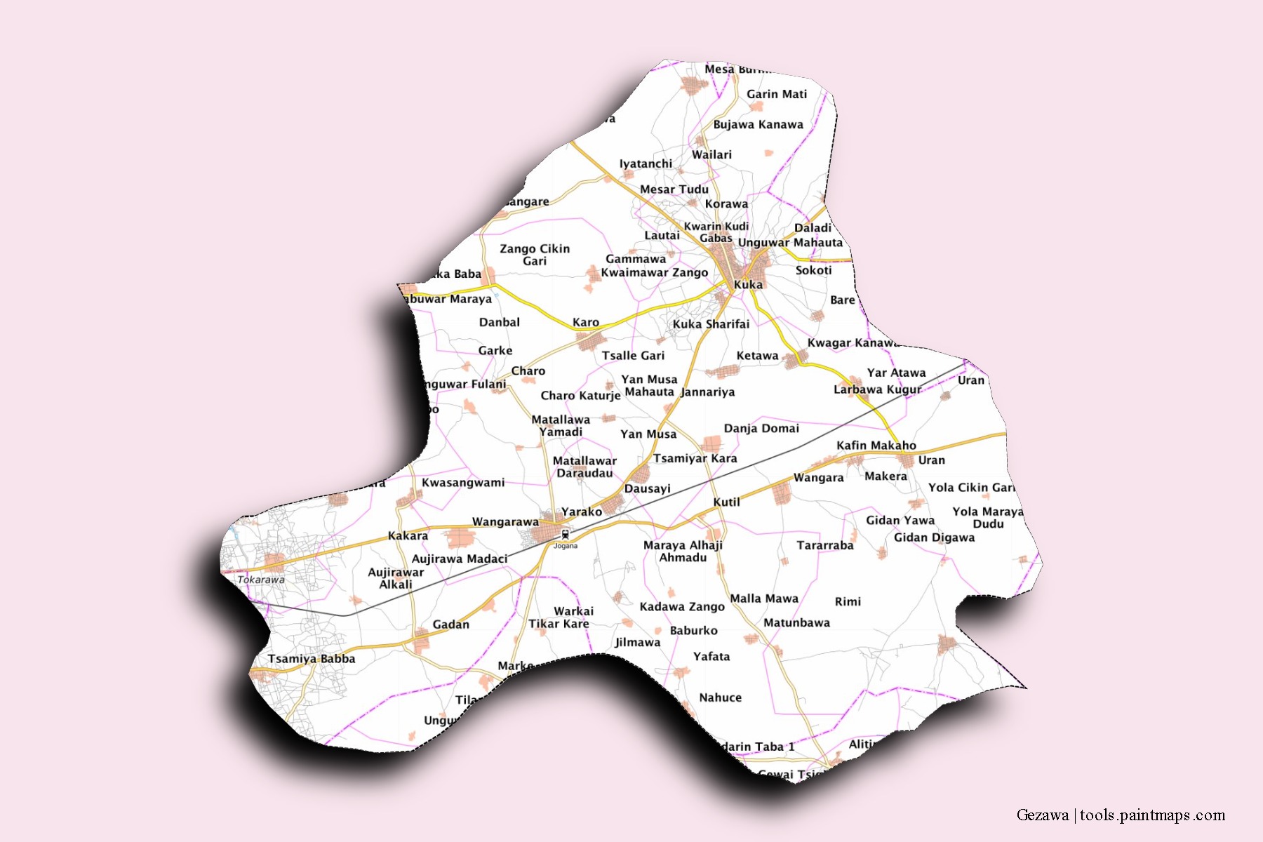 Mapa de barrios y pueblos de Gezawa con efecto de sombra 3D